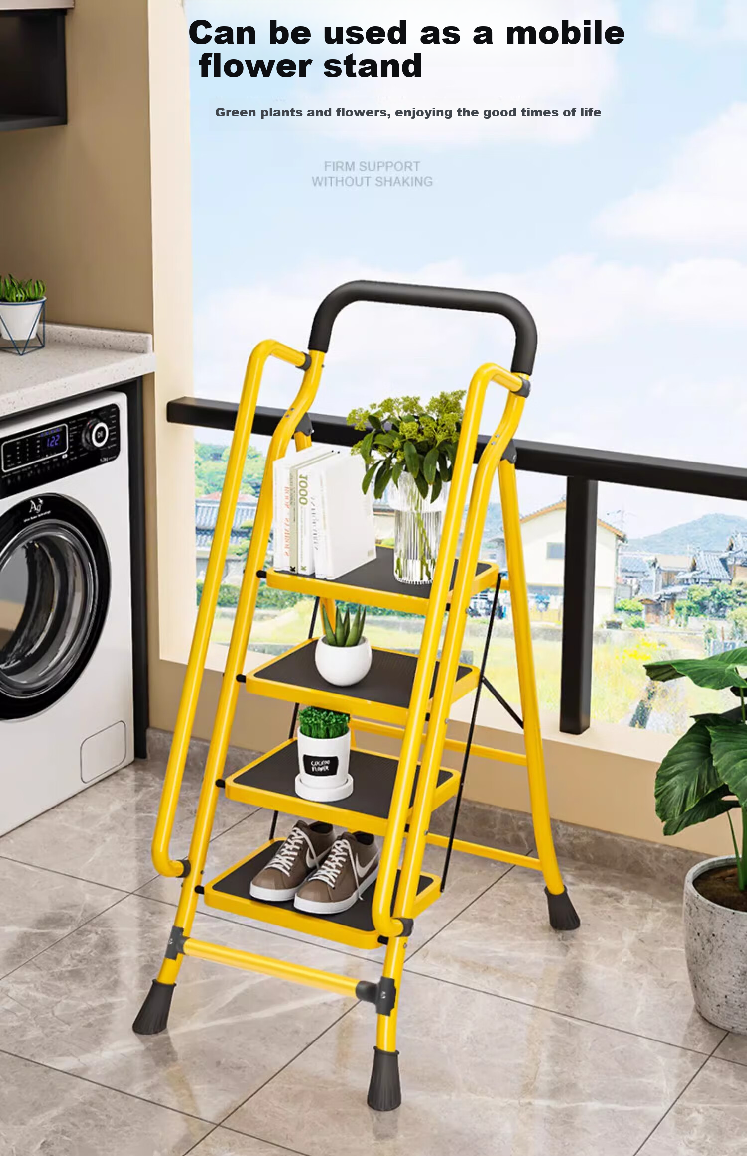 Cenggao Household Folding Ladder with Handrail, Indoor Step Ladder, Lemon Yellow Tool Tray, 5 Steps, 26*38 Tread Ladder 25