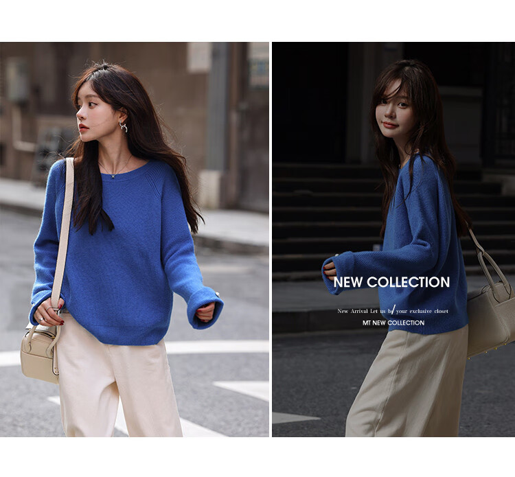 MT Klein Blue Series Spring Simple Style Crew Neck Rolled Sleeve Lazy Comfortable Knit Sweater for Women 2
