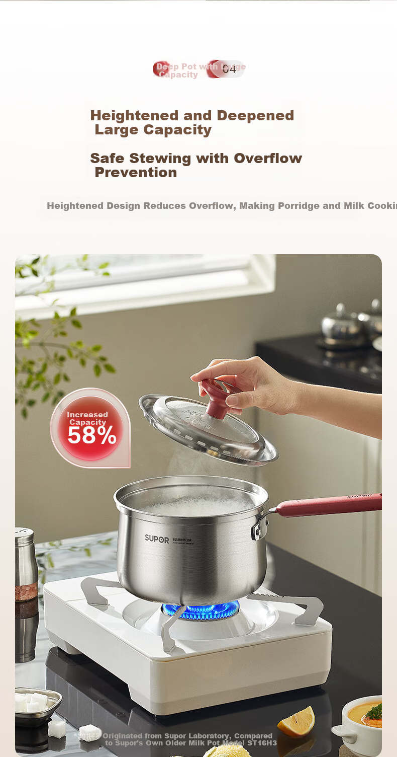 SUPOR Milk Pot, 18cm Stainless Steel Non-Spill Series, Heightened And Deepened, Baby Food Pot, Soup And Noodle Pot, Suitable for Open Flame And Induction Cooktops 7