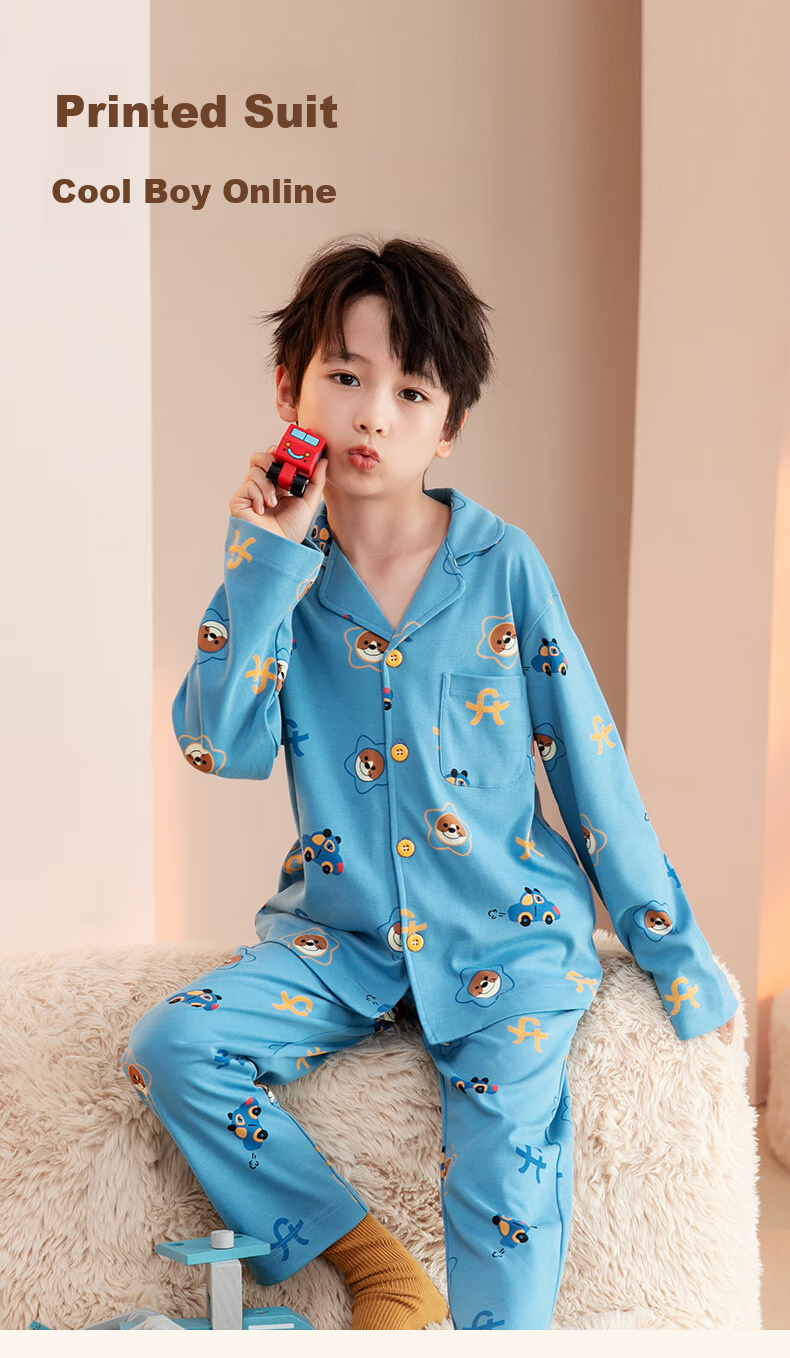 Fenteng Children's Pajamas for Girls, Antibacterial Pure Cotton Spring Cartoon Long-Sleeve Sleepwear for Older Kids 12
