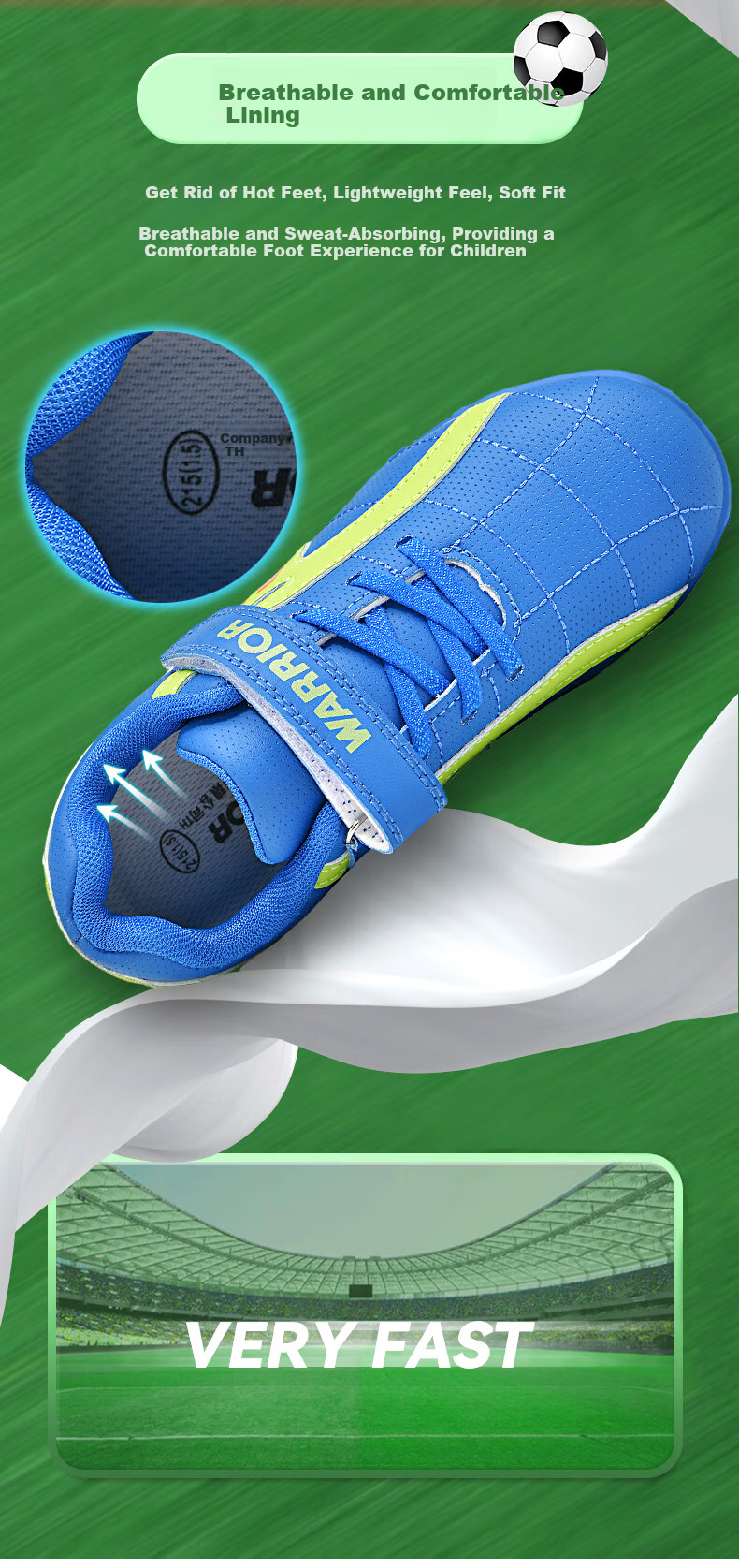Huili Soccer Shoes with TF Turf Studs, Velcro, And No Laces for Men, Women, And Children, Suitable for School And Grass Fields, Model 595, Navy Blue, Size 31 11