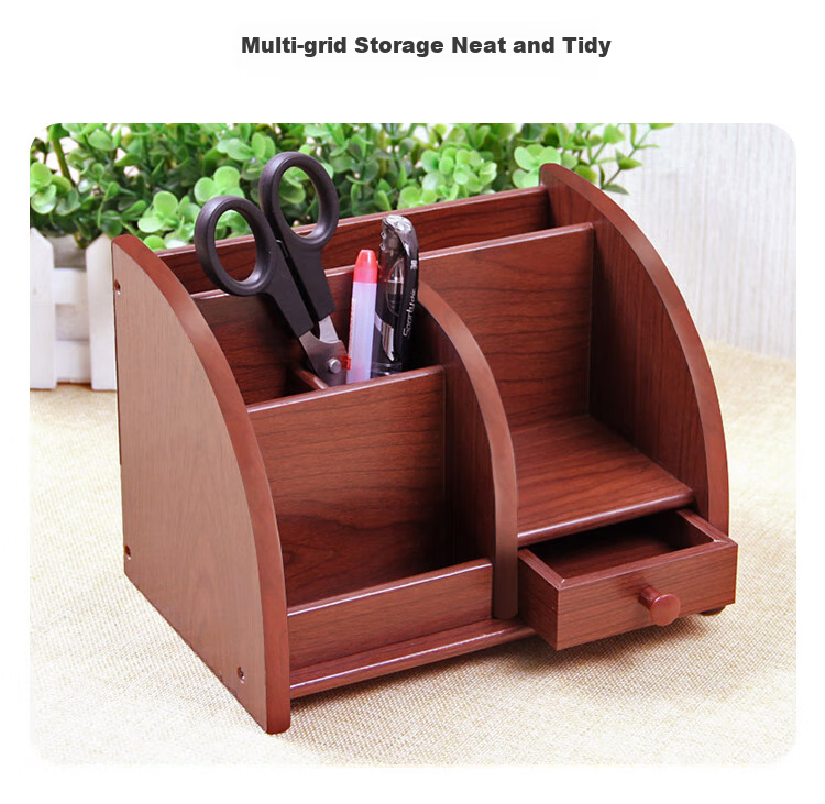 Jindeli High-Quality Wooden Multifunctional Pen Holder, Large Desktop Storage Box, Office Supplies Combination, Remote Control Organizer, Cosmetic Storage Box, Souvenir Craft Box, Walnut Color, SN180 4