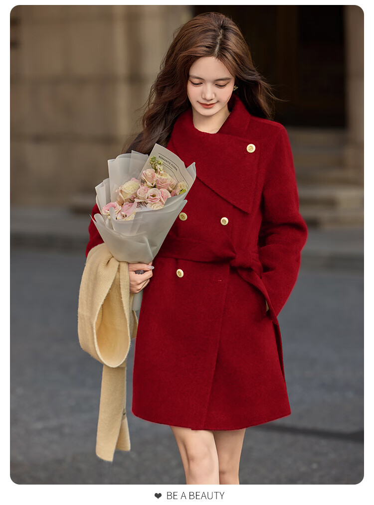 Bailuyu Qianjinfeng Wool Blend Double-Sided Woolen Coat 25 Winter New Year Red Mid-Length Elegant Women's Coat Red M 8