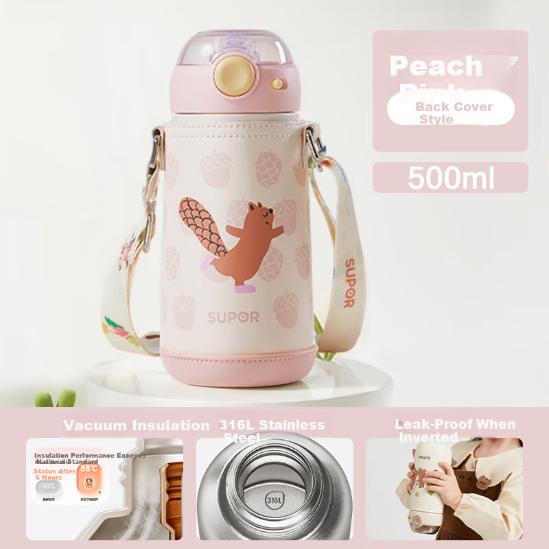 SUPOR Children's Insulated Cup with Straw, Kindergarten School Water Bottle, Baby Pop-Up Lid 1-3 Years Old 316L Training Cup 500ml
