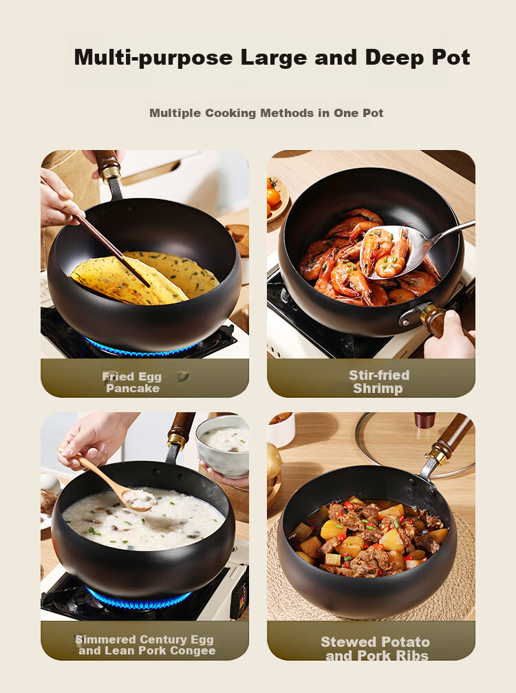Jincun, Zhangqiu Large Belly Pot, Wok, Iron Pot, Non-Coated Frying Pan, Flat Bottom Stew Pot, Forged Fine Iron, Pre-Seasoned, 26cm 5
