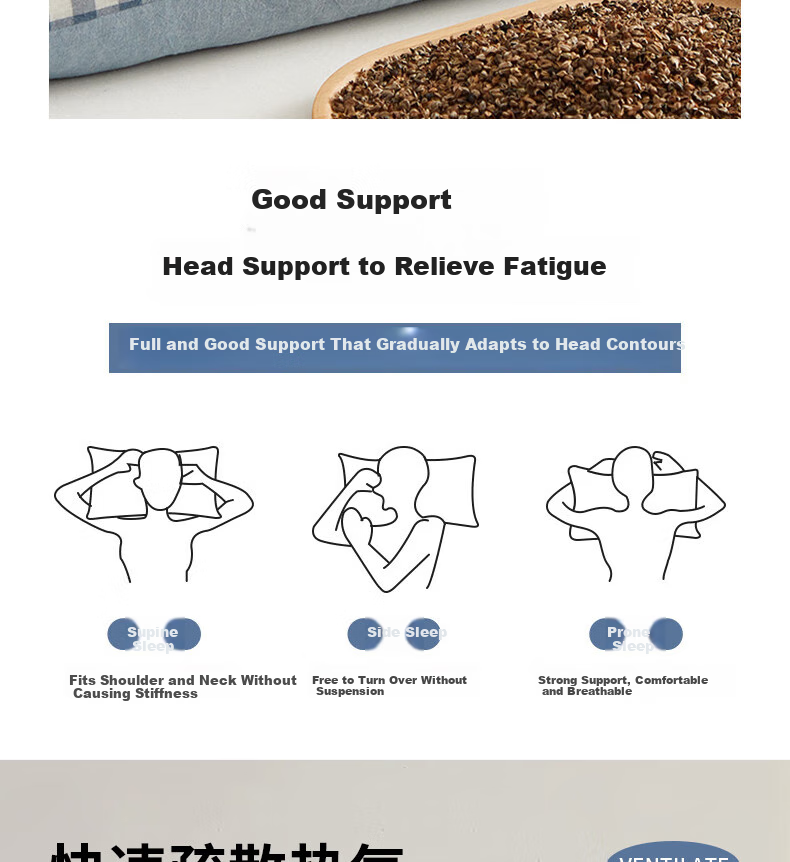 Hodo All-Cotton Buckwheat Pillow, Buckwheat Hull Pillow, Buckwheat Husk Pillow Core, Deep Sleep Cervical Pillow, Neck Support Pillow, 35*55cm, Light Blue 14