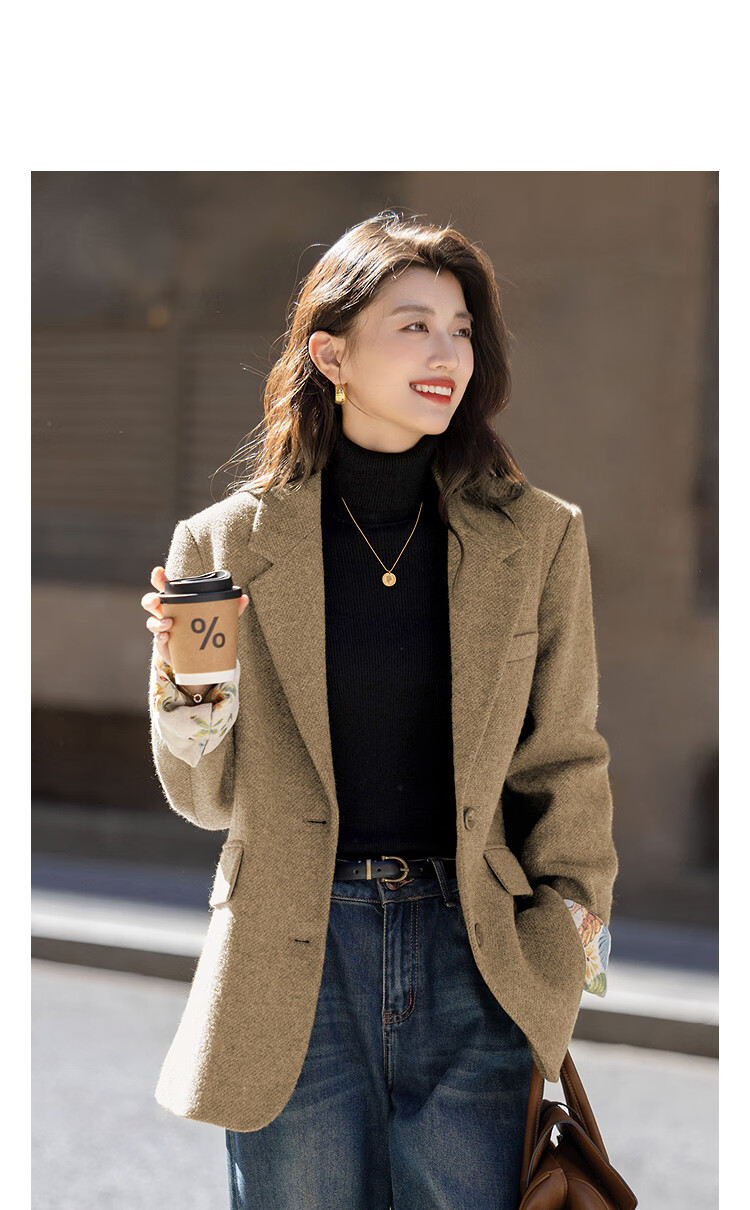 Dme Fluffy Wool Blend Winter Elegant Notched Lapel Tweed Patchwork Sleeve Women's Blazer Jacket 2