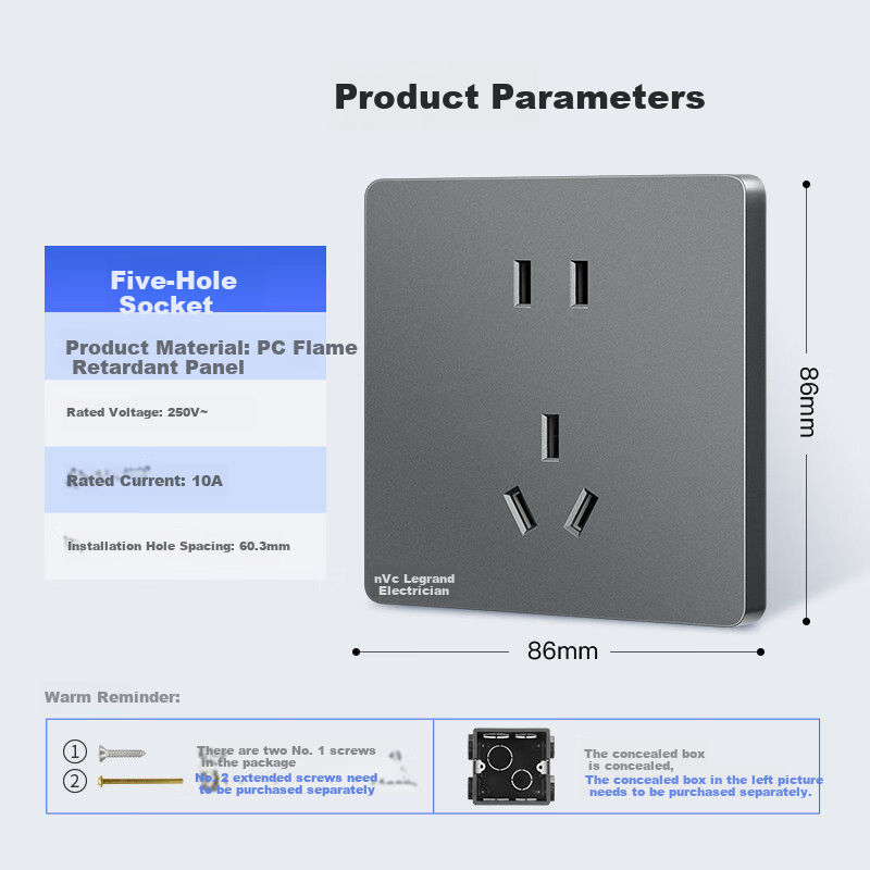 Розетка NVC Ledsion Electrician 10A, 3-контактная, 86 тип, скрытого монтажа, Mist Gray