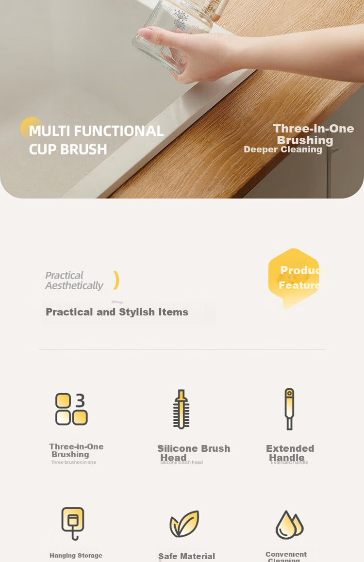 Ecoco Bottle Brush, Milk Bottle And Thermos Cup Cleaning Brush, Three-In Multifunctional Long Handle Specialized Brush E25202 Yellow 2