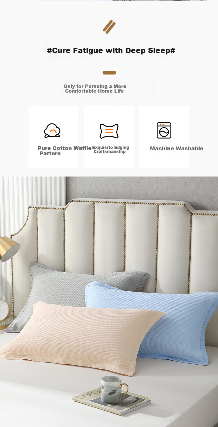 Zhuyibai Pure Cotton Waffle Pillowcase, 1 Pair, Gauze Breathable Sweat-Absorbing Adult Pillowcase, Extra Large Non-Slip Fixed, Gray 2