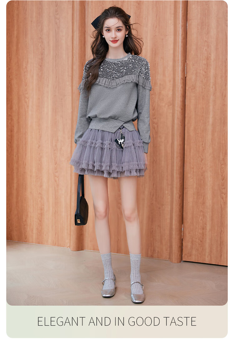 LOUISYAO Sequin Embellished Mesh Splice Sweatshirt 2025 Autumn Winter New Split Hem Fashion Top for Women Gray S 12