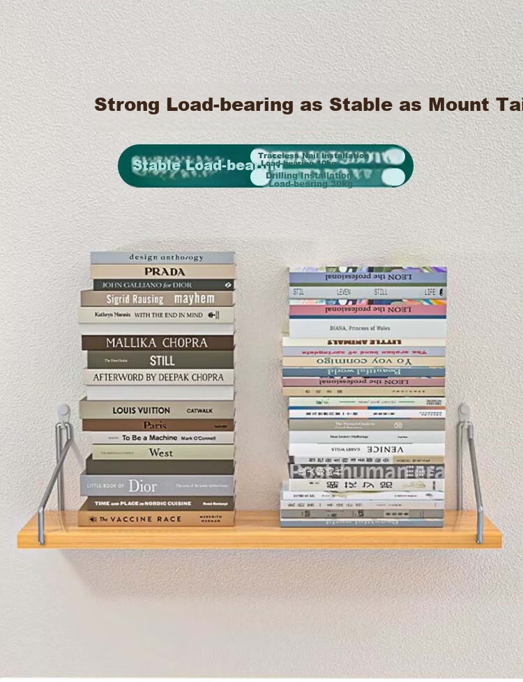 Ourunzhe Wall-Mounted Storage Rack, Single Bar Shelf, No Drilling Required, Wall-Mounted Set-Top Box Organizer, Natural Wood Color, 50cm Single Unit 6