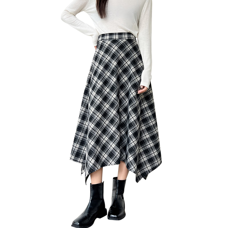 BOPRUIEY Vintage Plaid Irregular Women's Skirt 2025 New Autumn Winter A-Line Casual Mid-Length Skirt