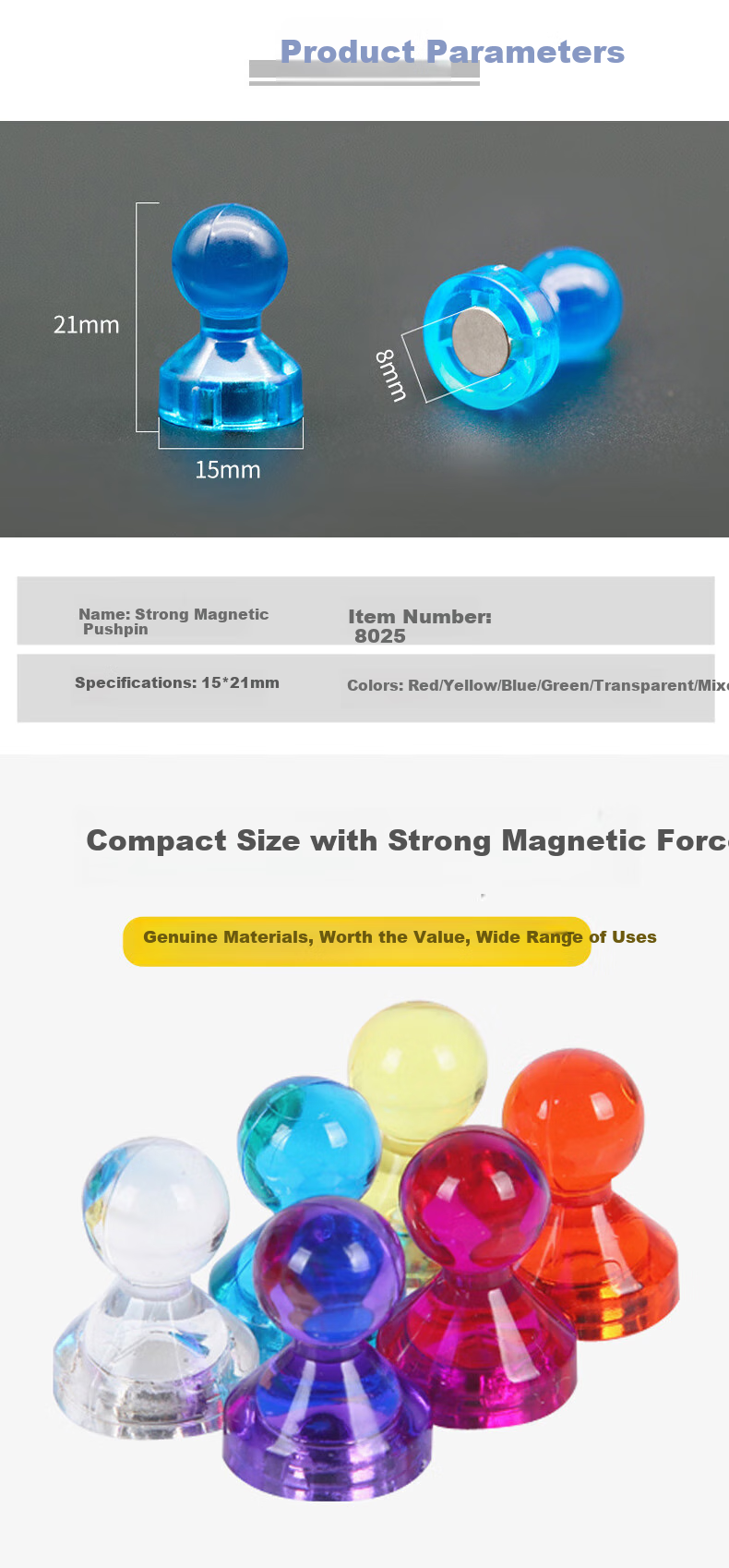Youbili Strong Magnetic Pushpins, Colorful Round Magnets, Office Whiteboard Teaching Aid Magnetic Discs 15*21mm, 10 Pieces/tube, 8025 Blue 2