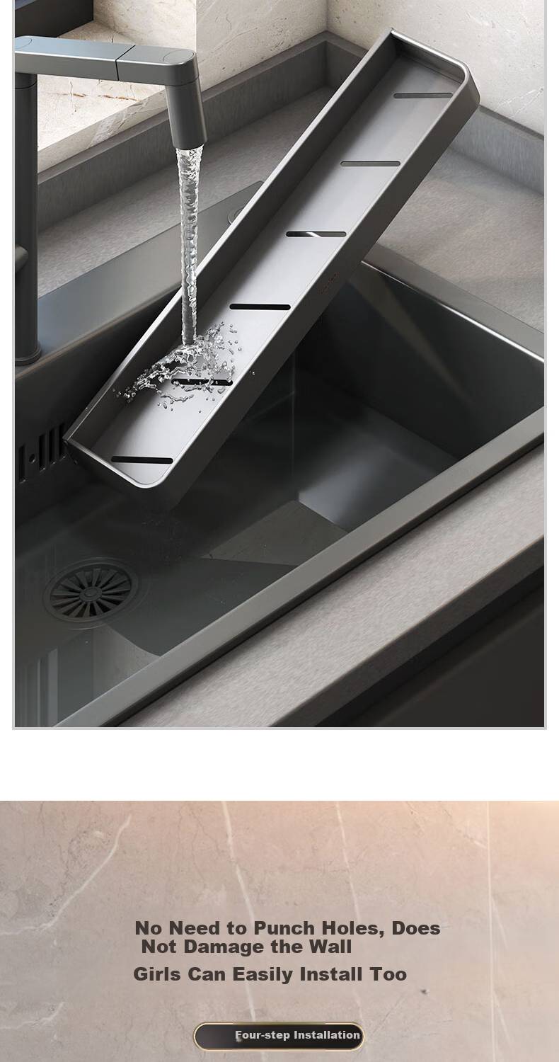 Ecoco Bathroom Storage Rack, No-Drill Wall-Mounted Space Aluminum with Hooks, Organizer Shelf for Bathroom And Kitchen, Gunmetal Gray 8