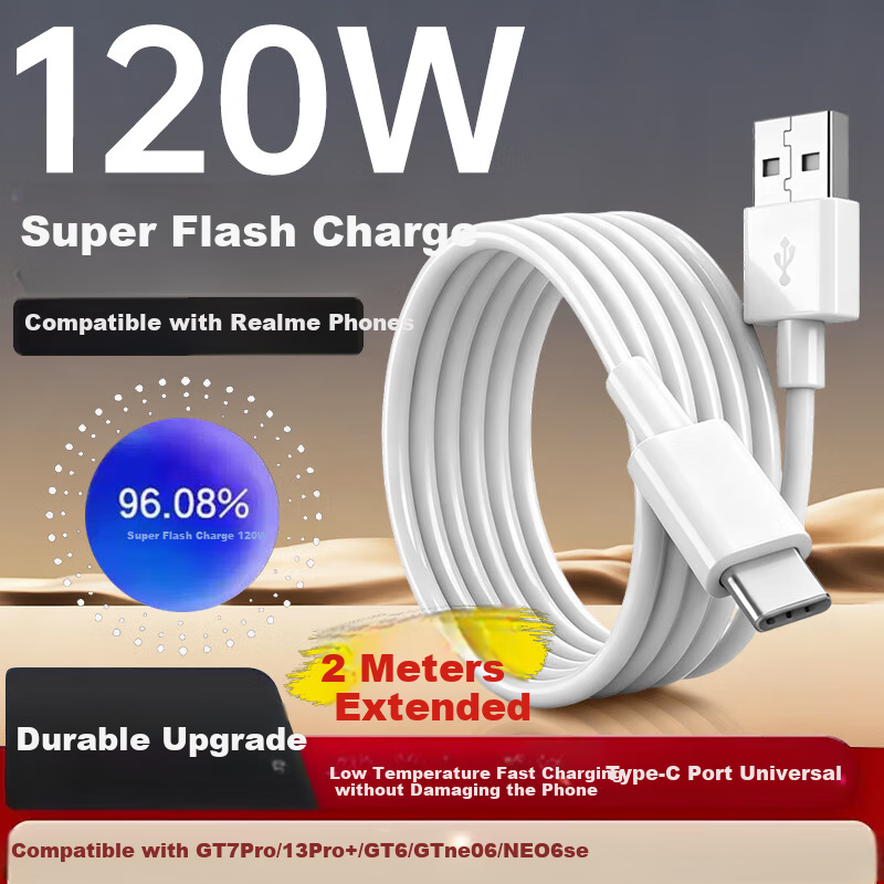 Кабель Yingqian для быстрой зарядки Realme, 120W/80W, 2 метра, USB-A на USB-C, черный