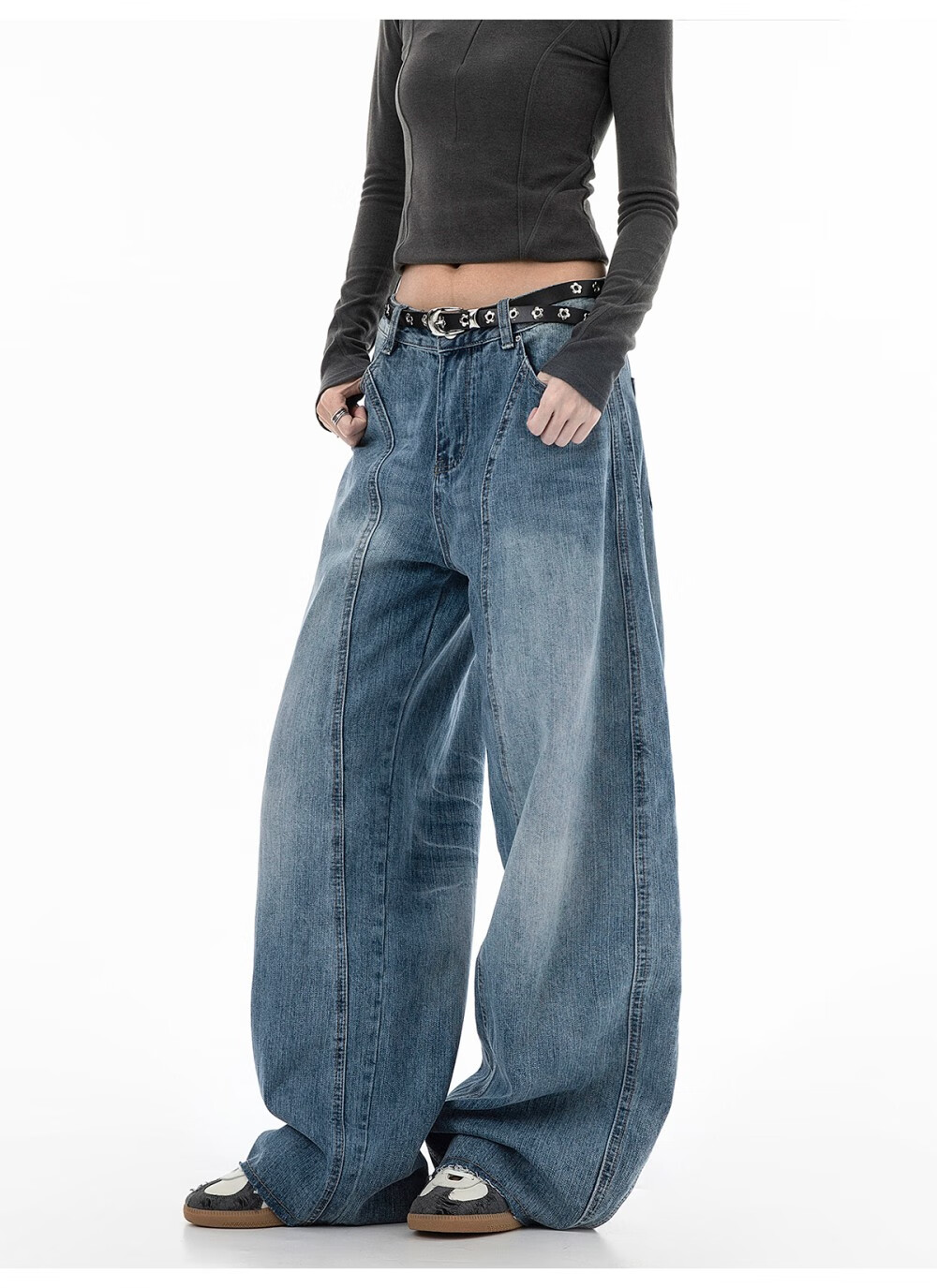 ICH MODE Women's American Vintage Washed Denim Jeans Spring Autumn Loose Straight Leg Curved Cut Casual Wide Leg Pants Blue XL 12