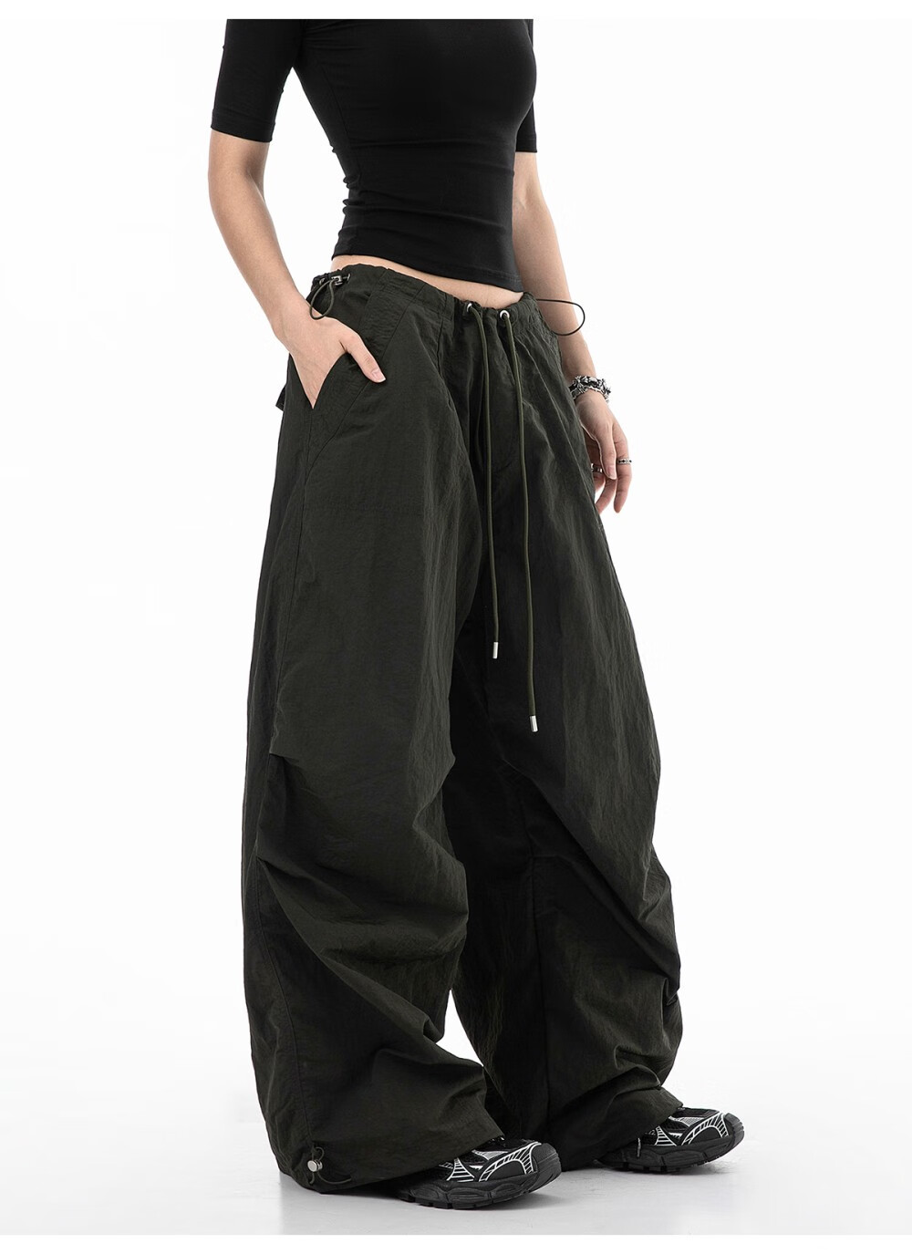 ICH MODE Women's American Style Paratrooper Cargo Pants Drawstring Sports Pants Straight Loose Wide-Leg Casual Pants Green M 11