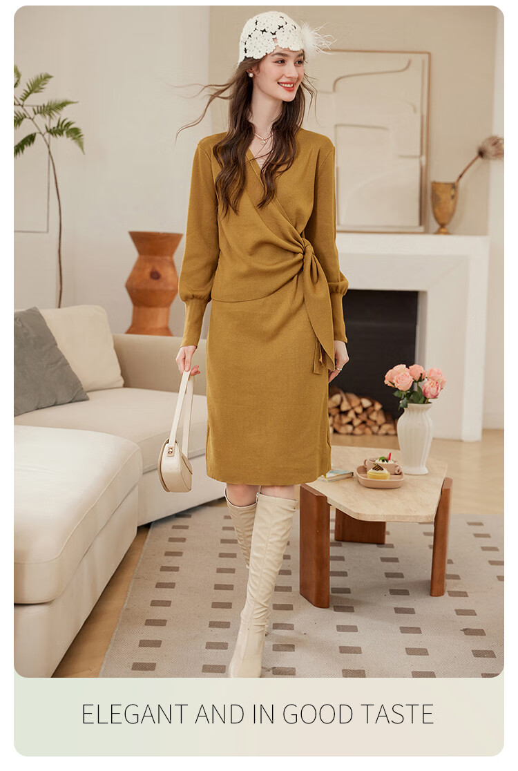 LOUISYAO Spring Autumn V-Neck Tie Design Slim Fit Slightly Stretchy Mid-Length Elegant Knit Dress Dark Coffee S 9
