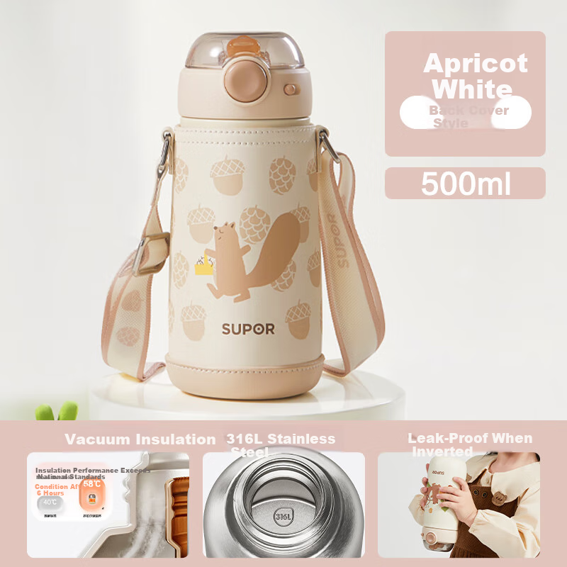 Детская термокружка-непроливайка SUPOR с трубочкой, 500 мл, для малышей 1-3 лет, из нержавеющей стали 316L