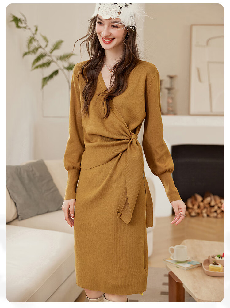 LOUISYAO Spring Autumn V-Neck Tie Design Slim Fit Slightly Stretchy Mid-Length Elegant Knit Dress Dark Coffee S 10