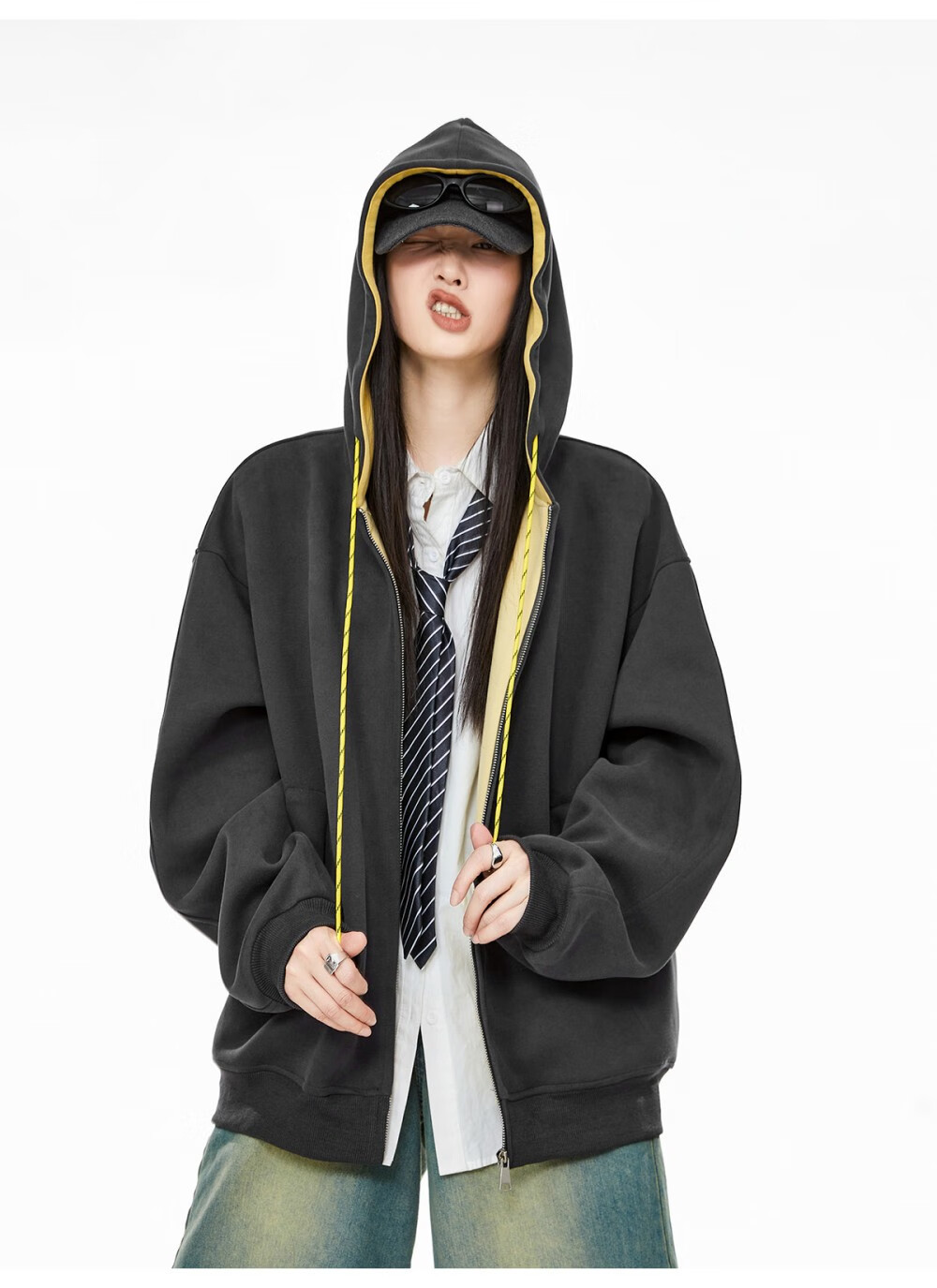 ICH MODE Women's Hoodie American Vintage Loose Fit Zip-up Sweatshirt Spring Autumn New Light Heather Gray L 40