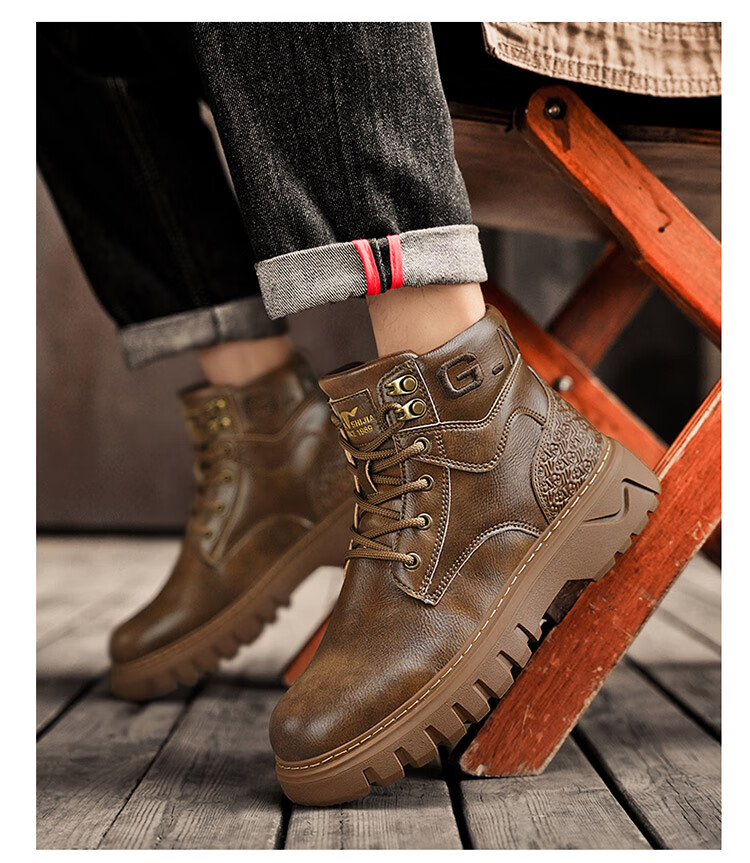 Bull Family Martin Boots Men 2026 Winter New Versatile Work Boots Men's Thick Sole High Top Leather Outdoor Hiking Shoes Men 17