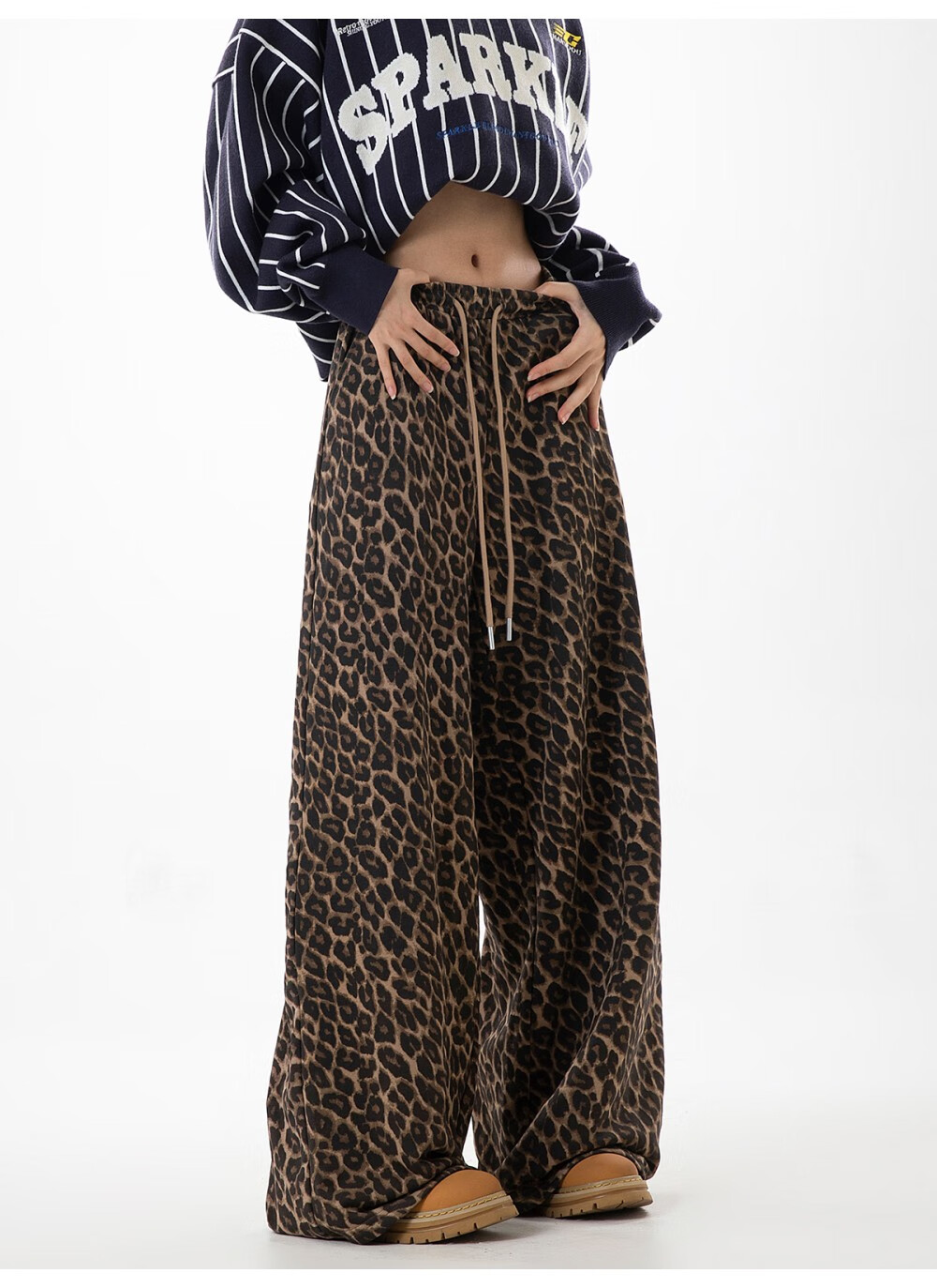 ICH MODE American Style Leopard Print Pants Casual Women's Pants 2026 Spring Summer New Loose Wide Leg Straight Pants Lazy Style Coffee Color Leopard Print XL 4