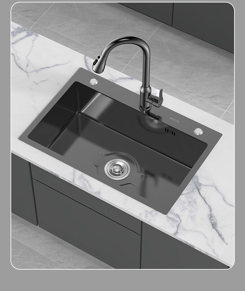 BSITN Kitchen Single Bowl Integrated Undermount Thickened Stainless Steel Nano Sink with Faucet BS009 7