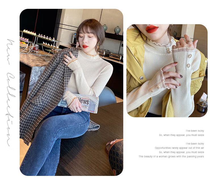 LangSha Women's Sweater Autumn Winter 2025 New Stylish Knitwear Semi-Turtleneck Slim Lace Fleece Lined Base Shirt 3