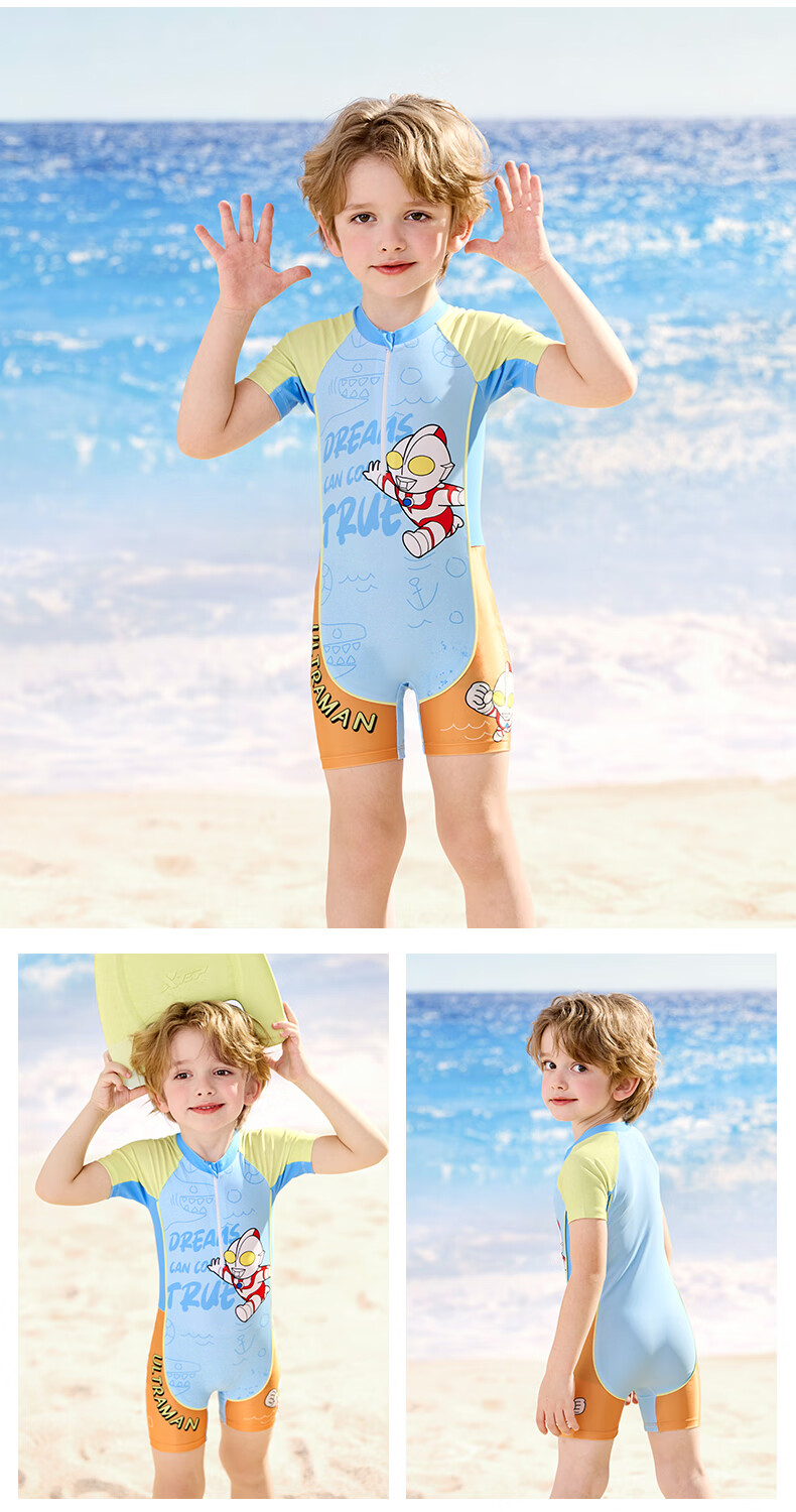 Youyou & Classic Ultraman Children's Swimwear Large Kids One-Piece Thermal Sun Protection Swimming Set 3-Piece 35468 Navy XL 6