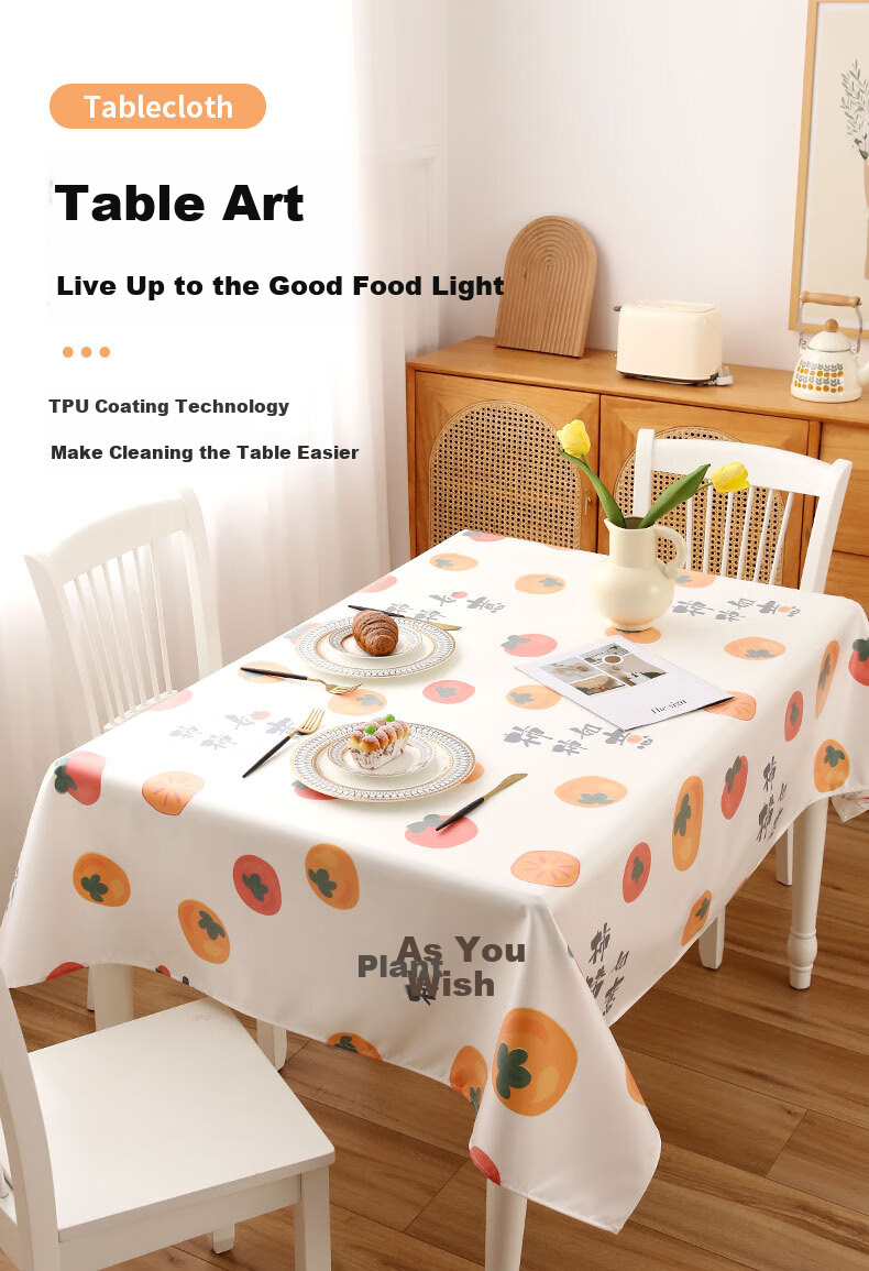 CHERISHES LIFE Waterproof And Oil-Resistant TPU Tablecloth, Washable Rectangular Dining Table Cover for Home Use, Tea Table Cloth, Persimmon-Shaped, Auspicious Design, 137*180cm 1