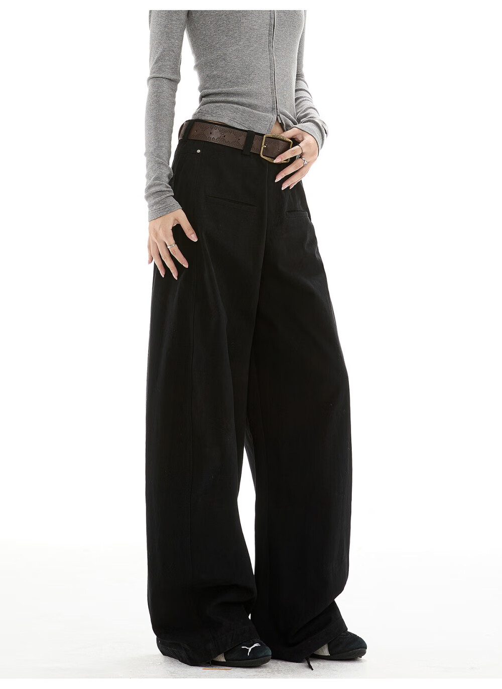 ICH MODE Women's American Vintage Casual Wide-Leg Straight Loose Sports Pants Black M 13