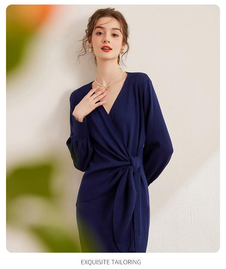 LOUISYAO Spring Autumn V-Neck Tie Design Slim Fit Slightly Stretchy Mid-Length Elegant Knit Dress Dark Coffee S 2
