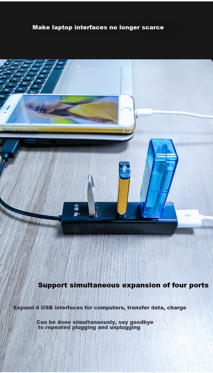 Jinghua JH USB3.0 High-Speed Multi-Port Hub, One-To Multi-Functional Expansion Adapter, for Laptops And Desktop Computers, Hub Extender Converter, Black, 1 Meter, Z414C 4