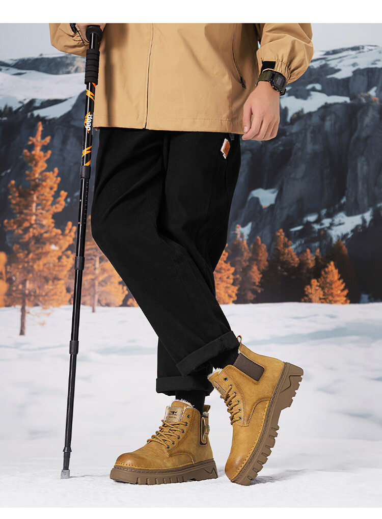 Bull Family Martin Boots Men 2026 Winter New Versatile Yellow Boots Fleece Lined Warm Snow Boots Men's Outdoor Hiking Shoes 53