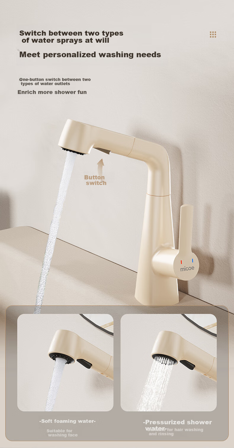 MICOE Basin Faucet Series, Adjustable Height Pull-Out Design, Cream White, Air-Cooled And Hot Water, Bathroom Sink And Washbasin Faucet 4