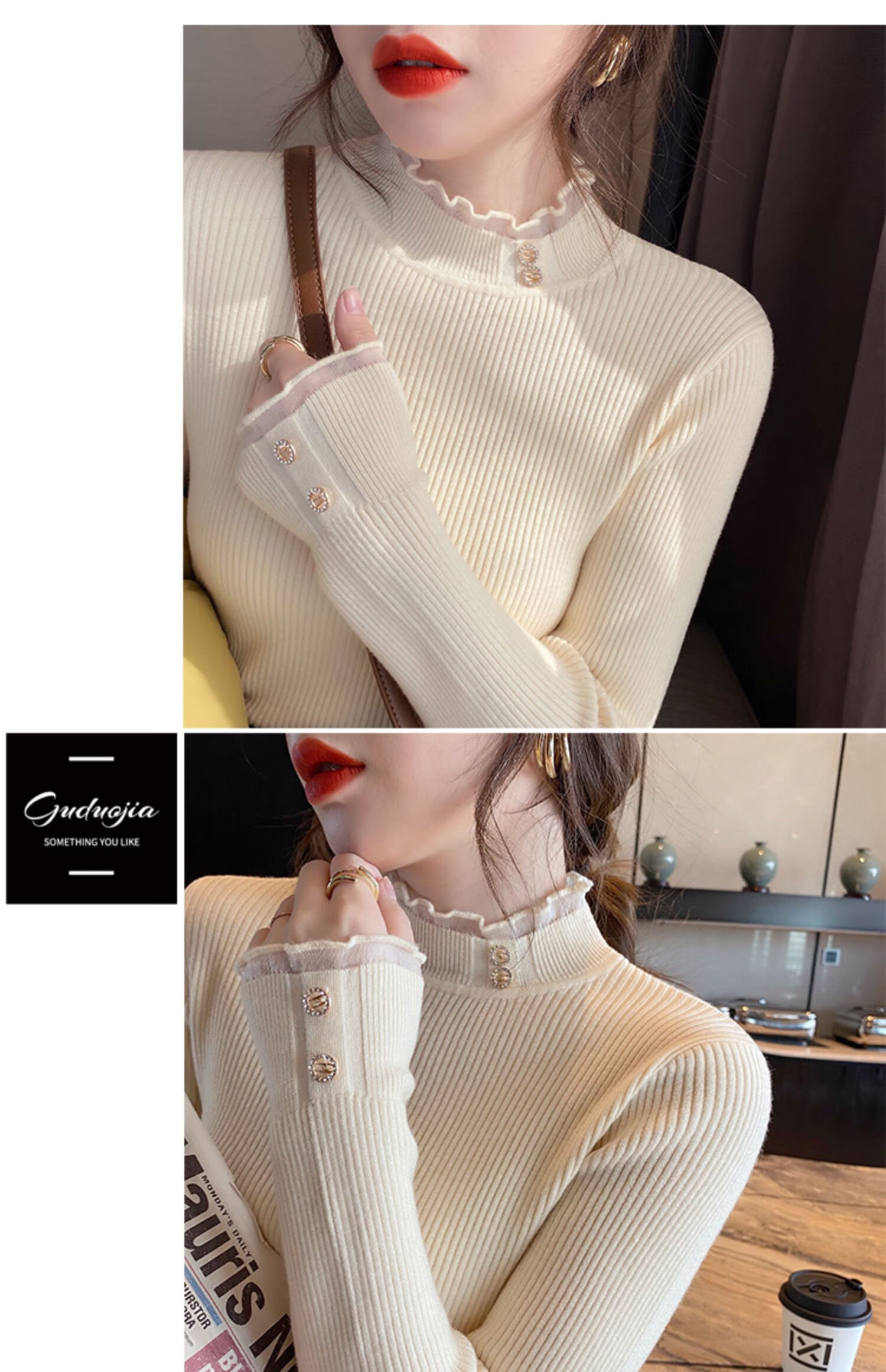 LangSha Women's Sweater Autumn Winter 2025 New Stylish Knitwear Semi-Turtleneck Slim Lace Fleece Lined Base Shirt 4