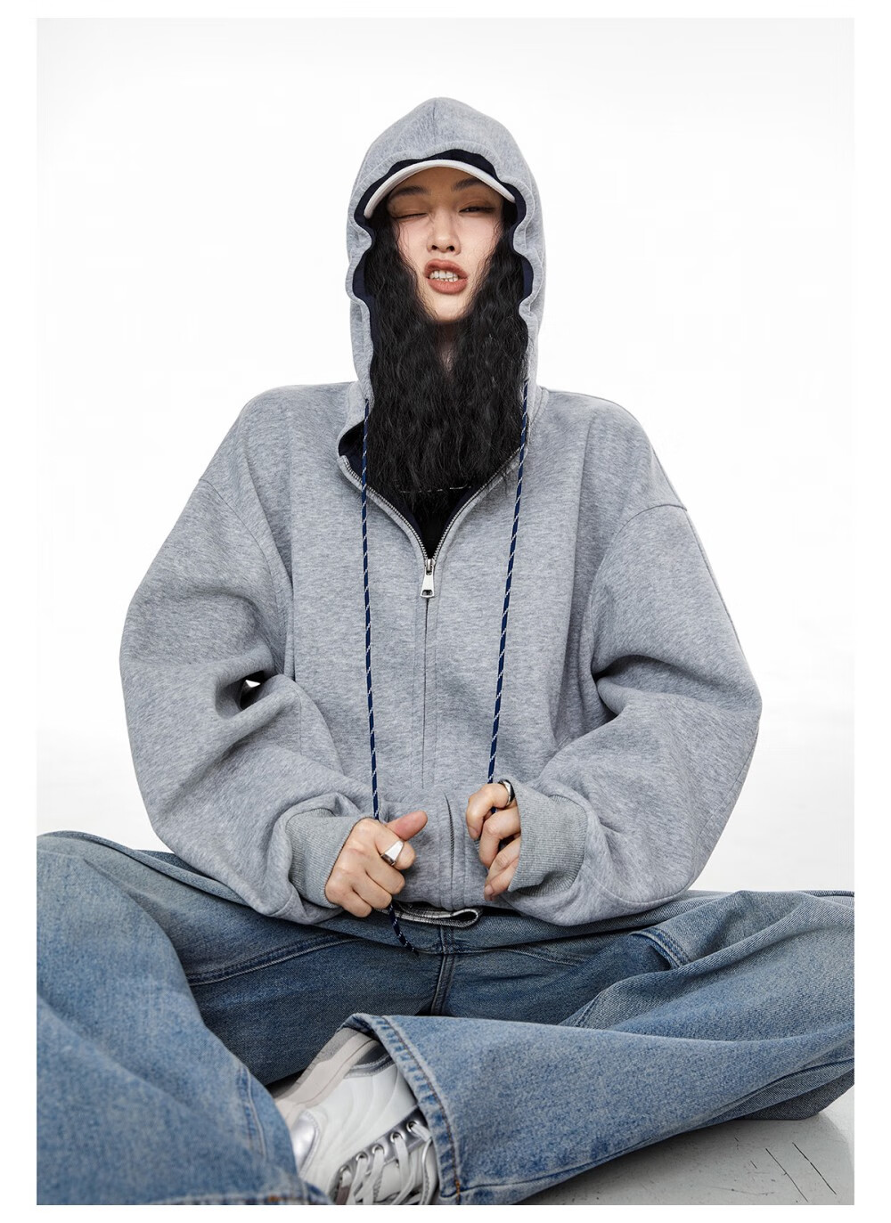 ICH MODE Women's Hoodie American Vintage Loose Fit Zip-up Sweatshirt Spring Autumn New Light Heather Gray L 15