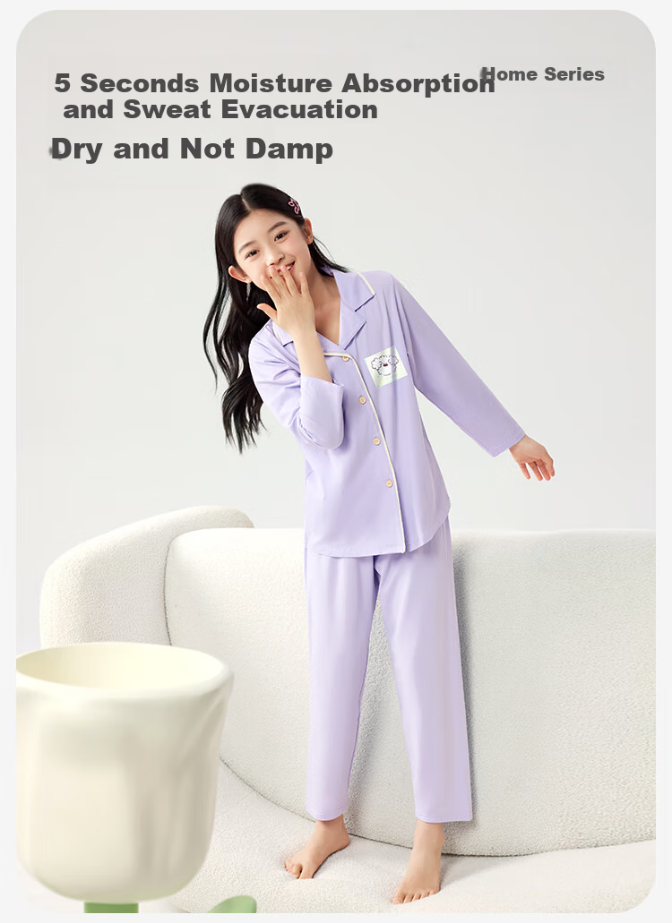 Jiusuiban [Miiichan Collaboration] Girls' Cotton Pajamas for Spring And Summer, Open-Front Loungewear Set with Moisture-Wicking Properties 1
