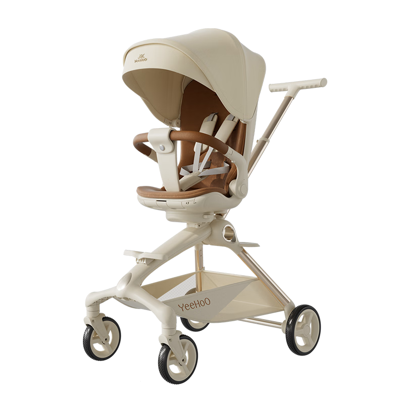 YEEHOO Windwalker Stroller Dual-Mode High-View Baby Stroller Foldable Sit and Recline Lightweight with Shock Absorption Light Coffee Color