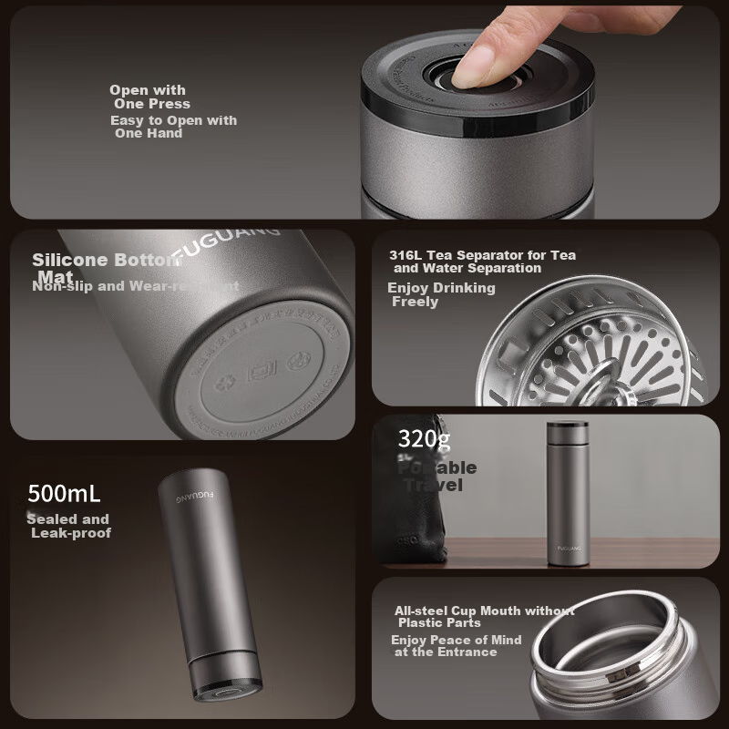 Fuguang Car One-Touch Lid-Opening Insulated Mug, Tea-Water Separation, 316L Stainless Steel Tea Infuser Cup, Cold-Keeping Cup, Business Water Bottle