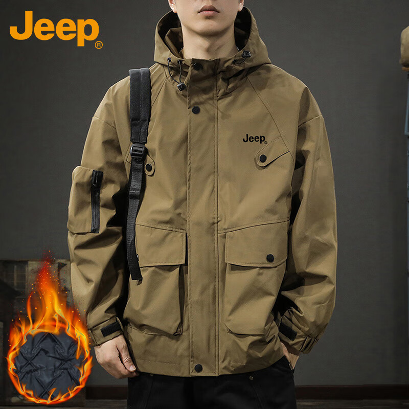 JEEP Men's Jacket Autumn Winter Hooded Workwear Loose Fit Outdoor Casual Coat Brown Padded 3XL