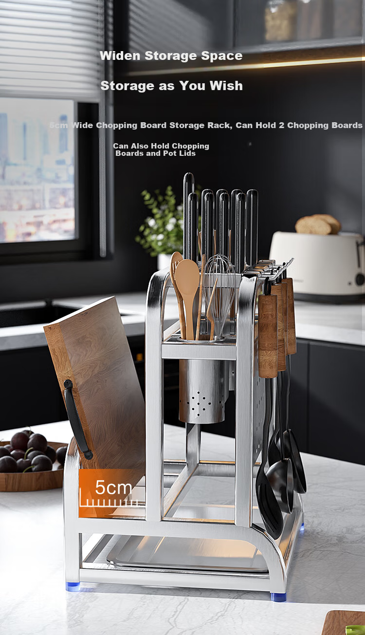 JD Original Silver Knight Knife Holder, Multi-Functional Cutting Board Rack, Knife Storage Rack with Pot Lid And Chopstick Holder [304 Stainless Steel] 4