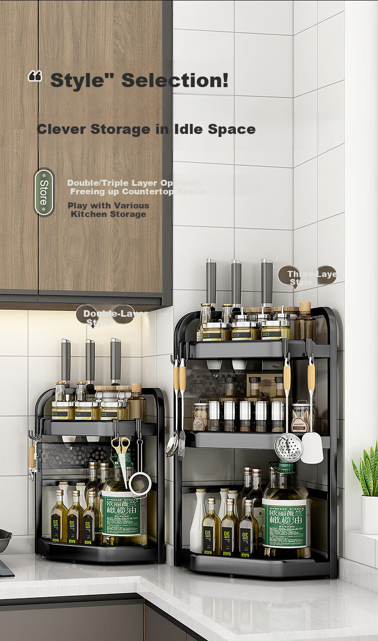 Jiuqiangu Corner Spice Rack, Kitchen Storage Shelf, Seasoning Bottle Holder with Hooks, Large Capacity Countertop Organizer Basket 6356 3