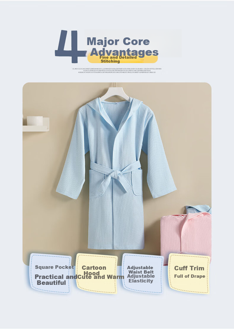 Zhuyibai Pure Cotton Waffle Pattern Children's Bathrobe, Skin-Friendly Breathable Children's Pajama Robe Sleepwear Loungewear, Pink, XL Size 2