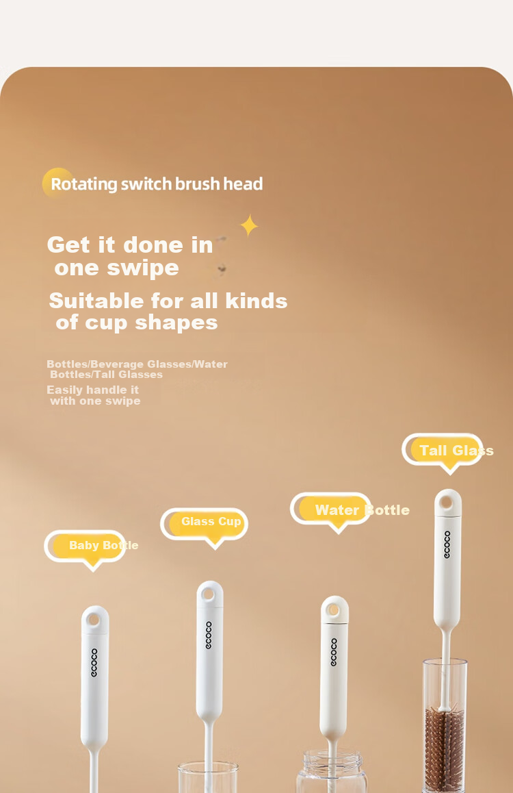 Ecoco Bottle Brush, Milk Bottle And Thermos Cup Cleaning Brush, Three-In Multifunctional Long Handle Specialized Brush E25202 Yellow 16