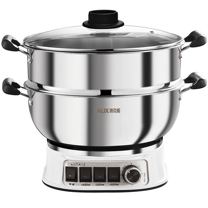 AUX Multifunctional Electric Cooker 32CM Stainless Steel Electric Frying Pan, Hot Pot, Steamer with Timer and Steaming Basket ACG-32AS01T