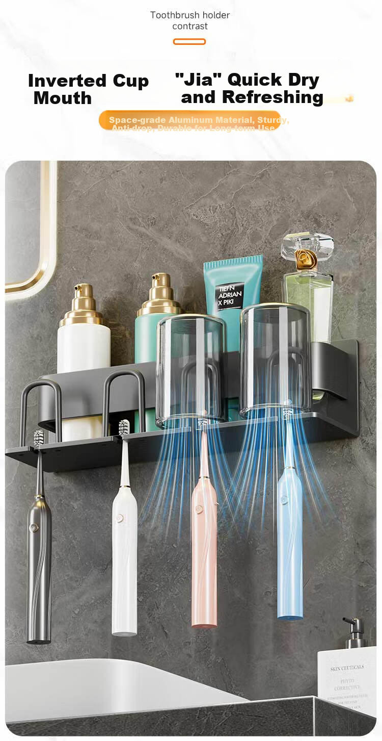 Jiabangshou Toothbrush Holder, No Drilling Required, Mouthwash Cup Wall-Mounted Toothbrush Rack Storage Shelf, Bathroom Toothbrush Cup Holder, Four Cups 5