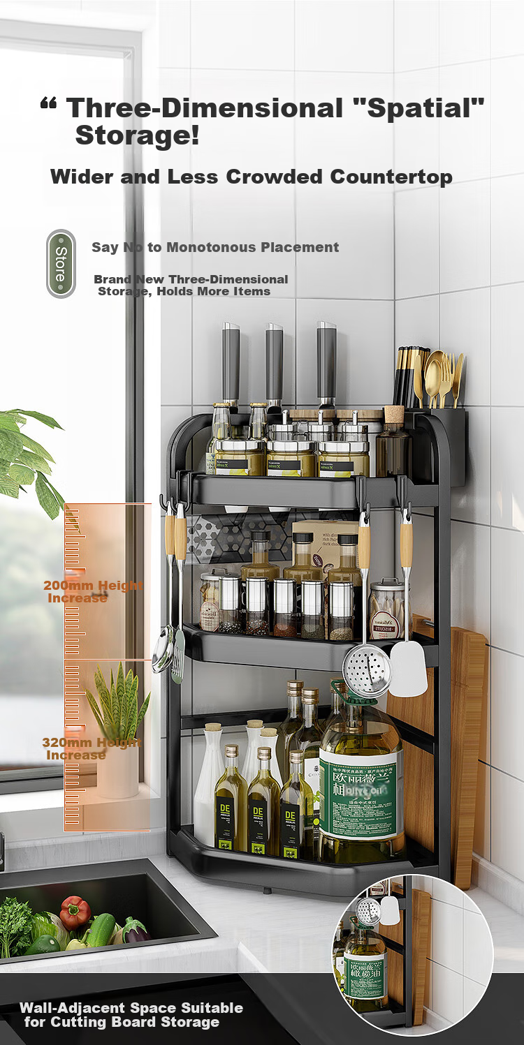Jiuqiangu Corner Spice Rack, Kitchen Storage Shelf, Seasoning Bottle Holder with Hooks, Large Capacity Countertop Organizer Basket 6356 10